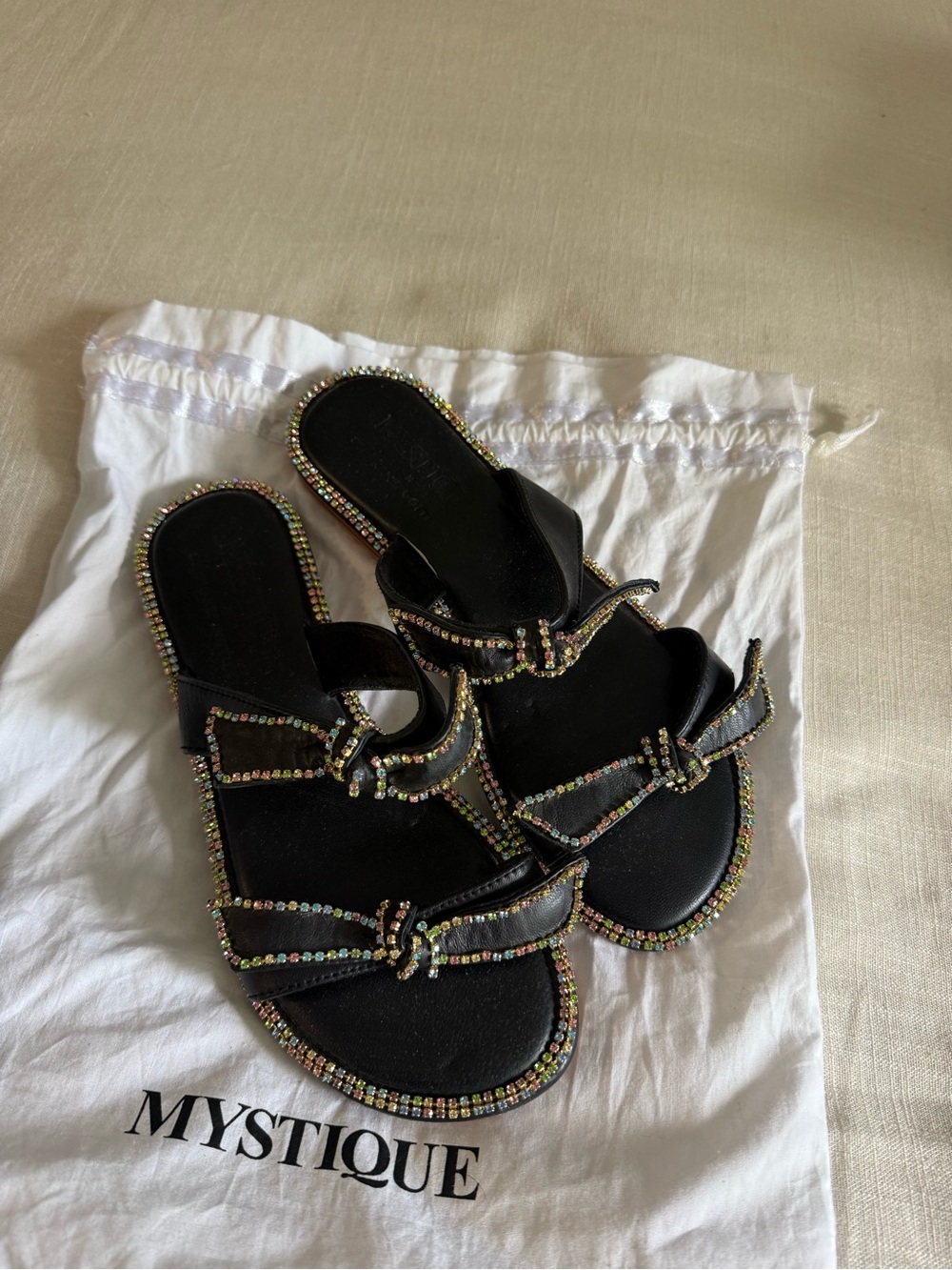 Mystique Boutique Black Slide Sandals with Multicolor Crystal Trim